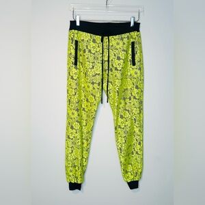 ALEXIS Neon Yellow Lace Black Satin Joggers Pants Size XS